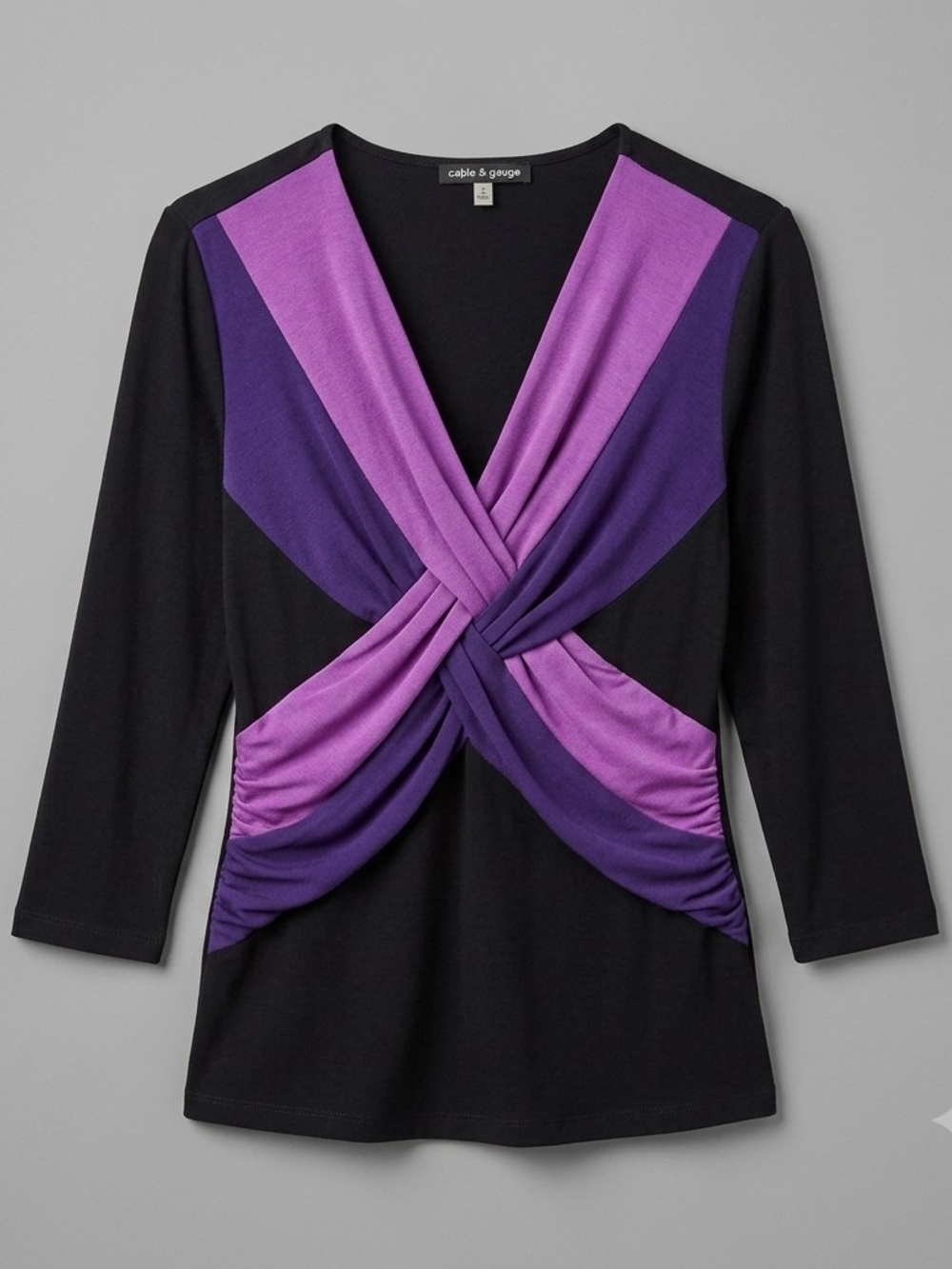 Black Long Sleeve Twist-Front Top with Light and Deep Purple Panels